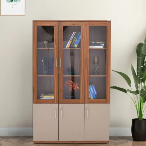 Natural Art & Crafts Genting Engineered Wood Handmade Bookshelf Rack for Library Home or Office Spiced Acacia with 3 Door