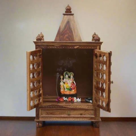 Natural Art & Crafts Brass Pin Traditional Handmade Wooden Pooja Temple With Door for Daily Prayers (Natural Finish)