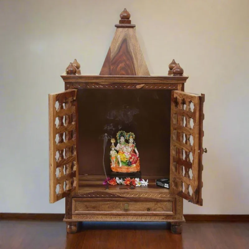 Natural Art & Crafts Brass Pin Traditional Handmade Wooden Pooja Temple With Door for Daily Prayers (Natural Finish)