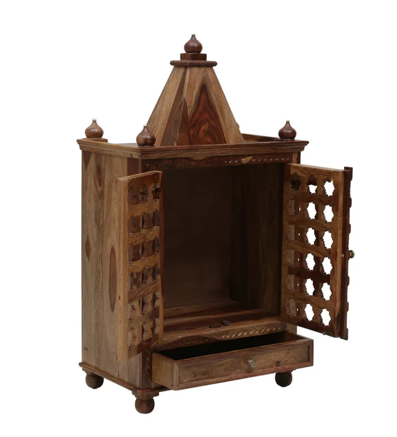 Natural Art & Crafts Brass Pin Traditional Handmade Wooden Pooja Temple With Door for Daily Prayers (Natural Finish) - Image 3
