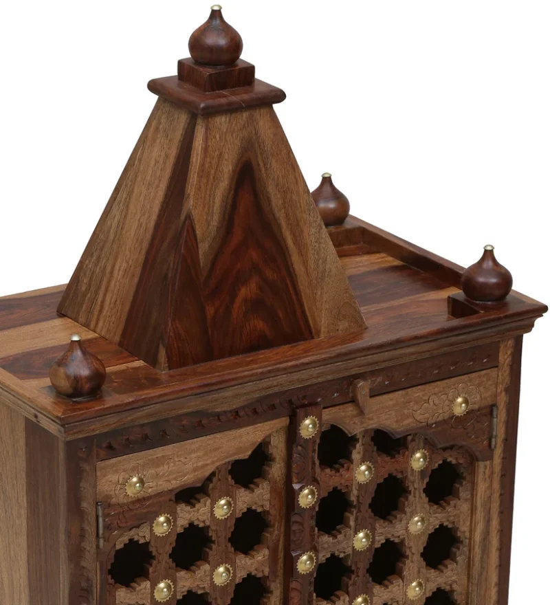 Natural Art & Crafts Brass Pin Traditional Handmade Wooden Pooja Temple With Door for Daily Prayers (Natural Finish) - Image 4
