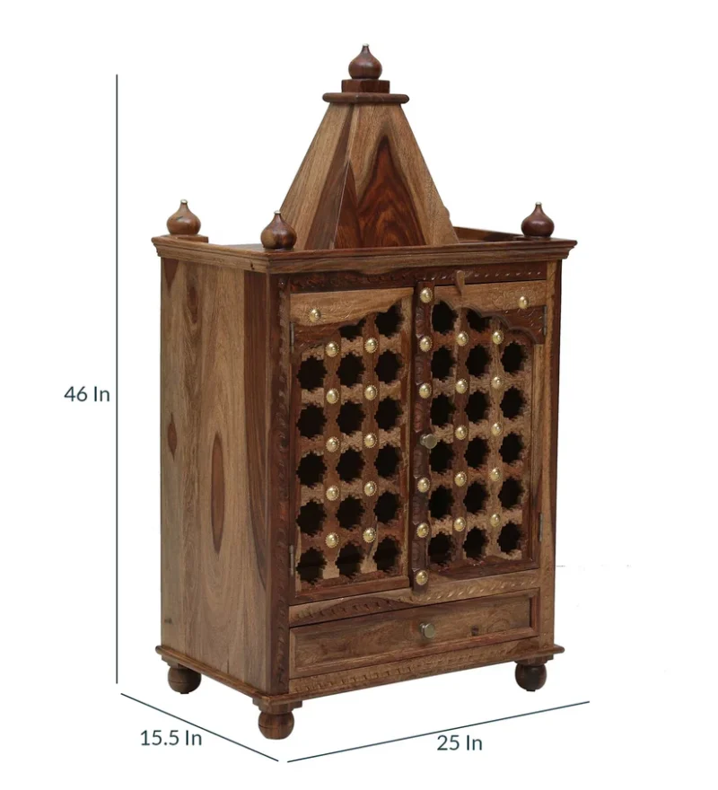 Natural Art & Crafts Brass Pin Traditional Handmade Wooden Pooja Temple With Door for Daily Prayers (Natural Finish) - Image 5