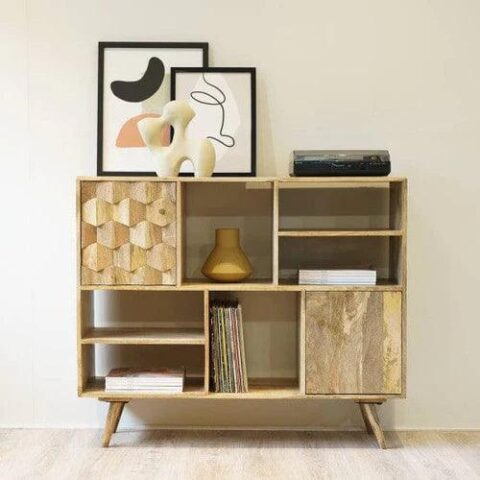 Natural Art & Crafts Glaze Mango Wood Sideboard Cabinet with 6 Racks & 1 Door