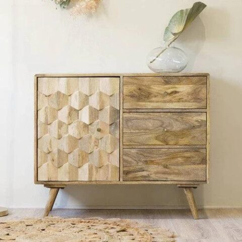 Natural Art & Crafts Pentagonal Hand-Carved Sideboard Cabinet with 1 Door & 3 Drawers Elegant Storage Solution for Home Decor