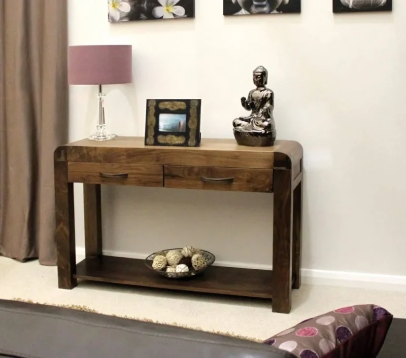 Natural Art & Crafts Baumhaus Handmade Teak Wood Console Table with 2 Drawers Storage Rack for Living Room (Walnut Finish)