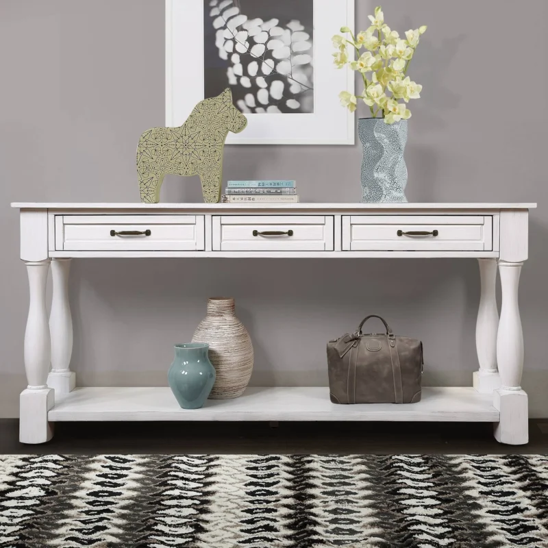 Natural Art & Crafts Antique Handmade Teak Wood Console Table Rack with 3 Drawers and 1 Bottom Shelf (Antique White)