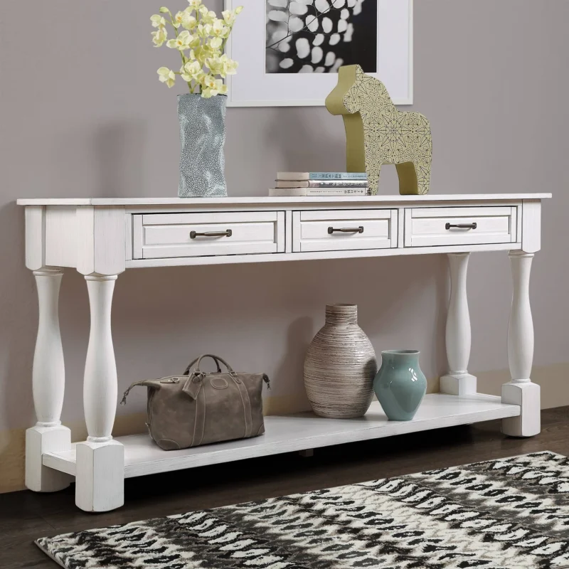 Natural Art & Crafts Antique Handmade Teak Wood Console Table Rack with 3 Drawers and 1 Bottom Shelf (Antique White) - Image 2