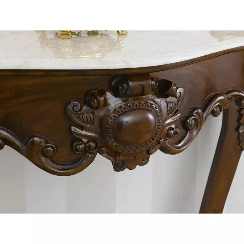Natural Art & Crafts Italian Baroque Style Hand Carved Teak Wood Console Table with Composite Marble Top - Image 3