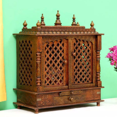 Natural Art & Crafts Indian Culture Hand Carved Traditional Handmade Wooden Pooja Temple With Door for Daily Prayers (Brown)