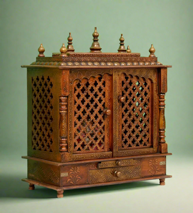 Natural Art & Crafts Indian Culture Hand Carved Traditional Handmade Wooden Pooja Temple With Door for Daily Prayers (Brown) - Image 3