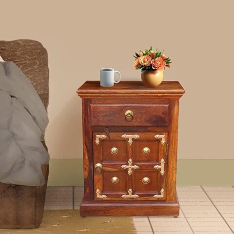 Natural Art & Crafts Handmade Classic Teak Wood Bedside Table with 1 Drawer Rustic Nightstand for Bedroom, Living Room