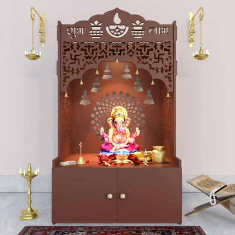 Natural Art & Crafts Carving Traditional Handmade Teak Wood Pooja Temple with Spacious Shelf & Inbuilt Focus Light for Daily Prayers (Brown)