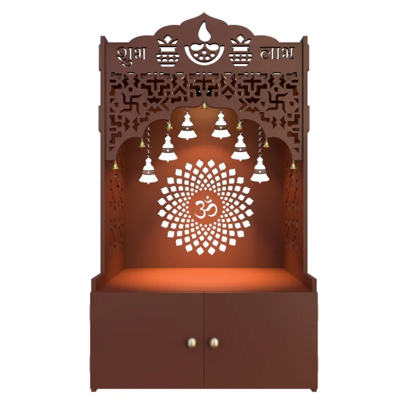 Natural Art & Crafts Carving Traditional Handmade Teak Wood Pooja Temple with Spacious Shelf & Inbuilt Focus Light for Daily Prayers (Brown) - Image 5
