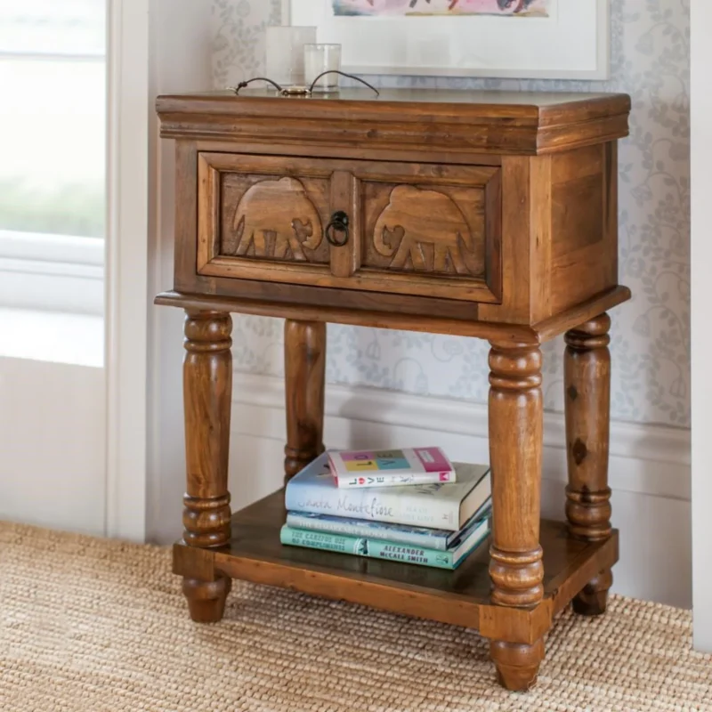Natural Art & Crafts Elephant Design Handmade Teak Wood Bedside Table Rustic Nightstand, Small Wooden Accent Table for Bedroom, Living Room