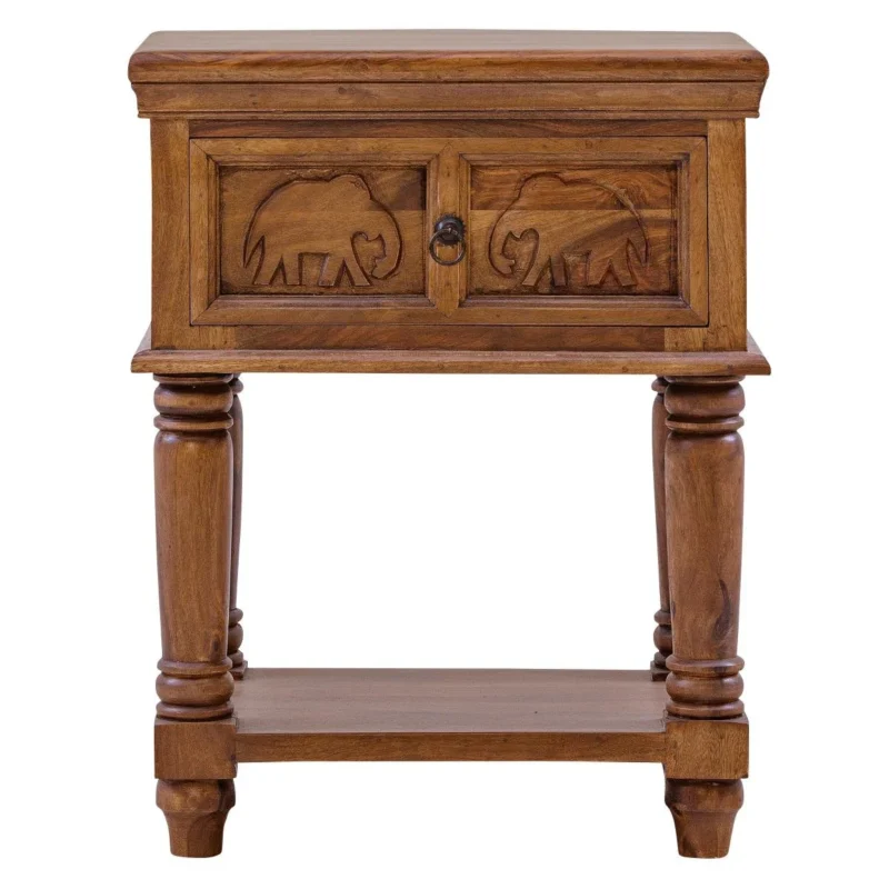 Natural Art & Crafts Elephant Design Handmade Teak Wood Bedside Table Rustic Nightstand, Small Wooden Accent Table for Bedroom, Living Room - Image 4
