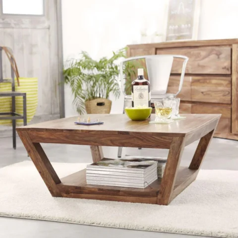 Natural Art & Crafts Muar Center Coffee Table with Bottom Shelf Rustic Wooden Coffee Table for Living Room