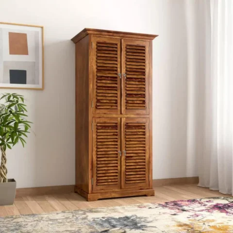 Natural Art & Crafts Handmade Teak Wood Wardrobes & Dressers for Elegant Bedroom Storage Solution with 4 Door (Honey Finish)
