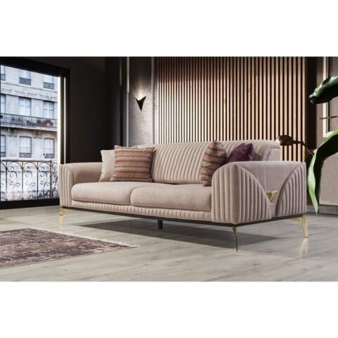 NATURAL ART & CRAFT ) 3+2 Armchair Soft Touch Velvet 5 Seater Sofa Set in (Teak Wood) for Living Room..