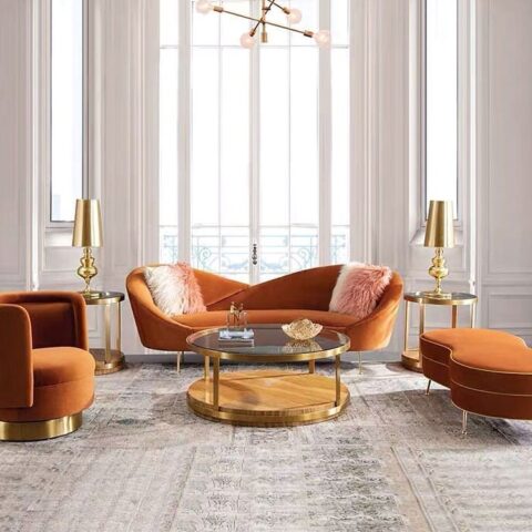 NATURAL ART & CRAFT Velvet 3 Seater Sofa with Curved Arms and Ottoman...(ORANGE)