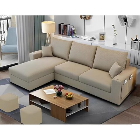 NATURAL ART & CRAFT 4 Seater L Shape Sofa Set for Living Room (Cream Fabric) Premium Velvet Fabric (Teak Wood )