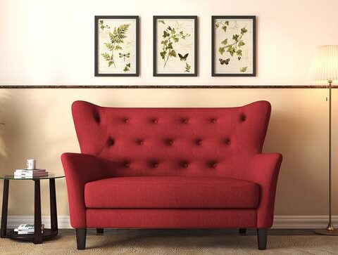 NATURAL ART & CRAFT 2 Seater Fabric Loveseat in (Teak Wood) Salsa Red Colour.
