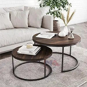 NATURAL ART & CRAFT Center Table for Living Room | Round Side Tea Coffee Table Set of 2 MDF Top Couch Table Modern Furniture for Living Room Black & Brown) (Teak Wood)