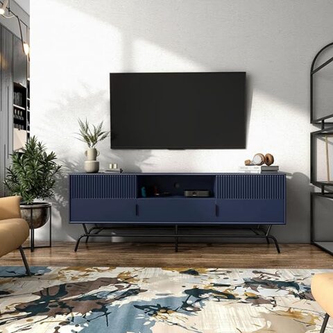 NATURAL ART & CRAFT Modern TV Stand with Storage Drawers, Media Console Cabinet, Entertainment Center for 65 inch Television, Unique Living Room Furniture, Indigo Blue