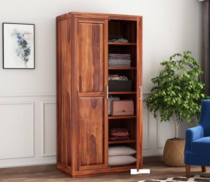 NATURAL ART & CRAFT (Teak Wood ) Wooden 2 Door Wardrobe Organizer for Clothes | - Solid Wood Almirah with 6 Shelves - Cupboard for Large Bedroom (Daniel, Honey Finish)