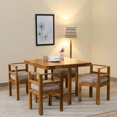 NATURAL ART & CRAFT Solid TEAK Wood Dining Table 4 Seater with Chairs Set |4 Seater Dining Set Wooden | Dining Table Set |Modern Dining Room Set (Color Finish- Rustic Teak & Cream Cushion)