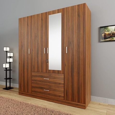 NATURAL ART & CRAFT : | Wooden Almirah for Clothes, Door for Bedroom, 4 Door Wardrobe with Drawer, Mirror & Hanging Space (Brussel Walnut - 40D x 160W x 180H) | (Teak wood)