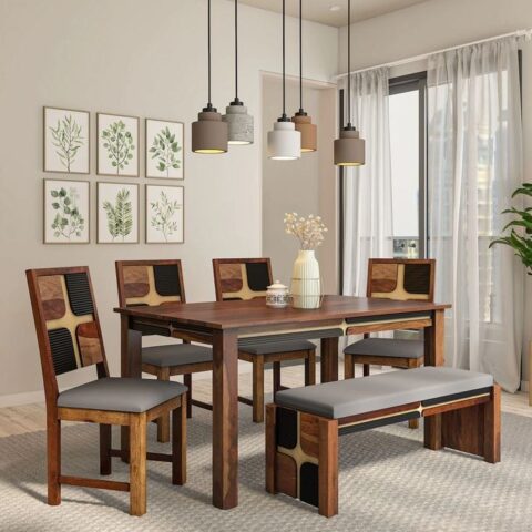 NATURAL ART & CRAFT Teak wood 4 seater dining table with 4 cushion chairs & 1 bench wooden furniture six seater dinner table set for living room home (teak finish )