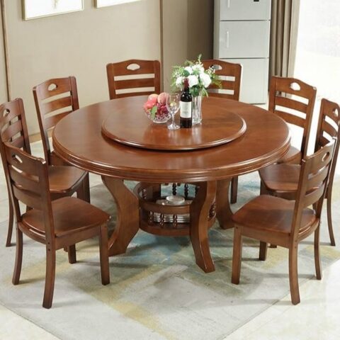 NATURAL ART & CRAFT 6 to 8 Seat Custom Wooden Rotating Dining Round Table And Chairs (Teak Wood) Walnut Finish)